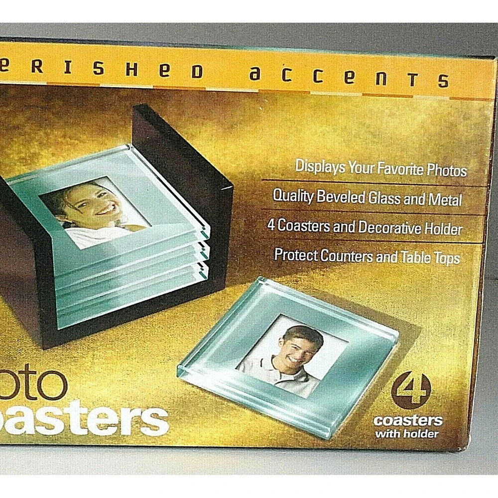 Photo Coasters 4 Beveled Glass Metal Wood Storage Holder Rack Cherished Accent
